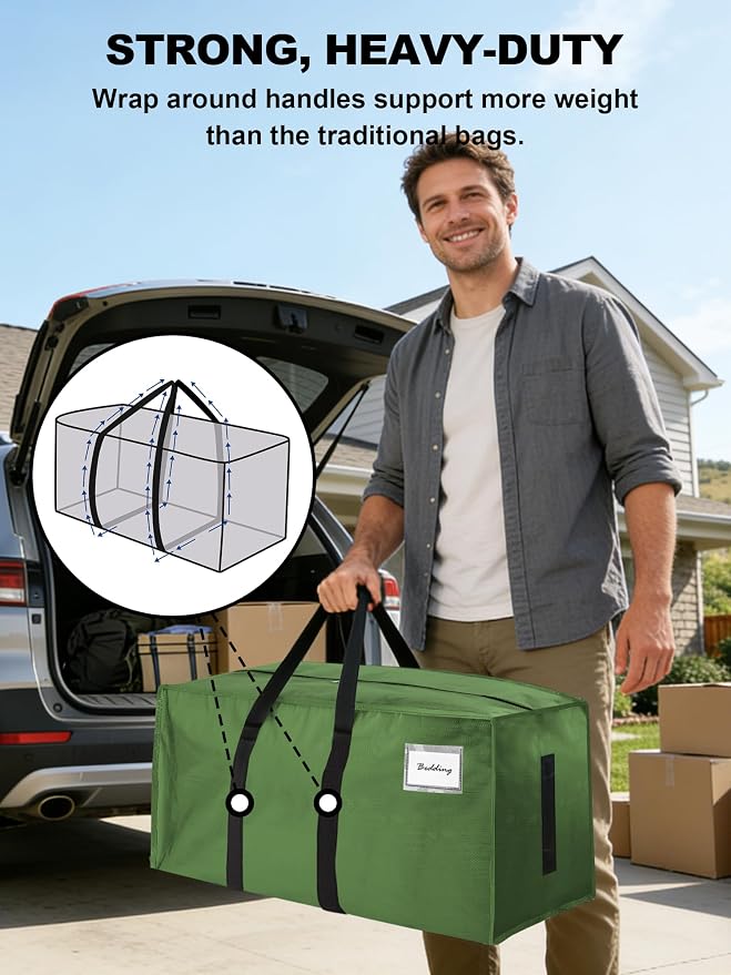 HOMESURE Supports 200lbs Heavy Duty Moving Bags - Strong Zipper & Wrap-Around Handles - Water-Resistant Storage Totes, Durable Alternative to Moving Boxes - 8 Pack - Olive Green