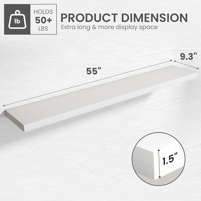 55 in Floating Shelves for Wall Decor Color White,Pack 1 | Modern floating shelves for living room,bedroom,kitchen and bath.Organize & display books,photos and decor.easy mount,sturdy.