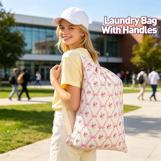 Laundry Bag Backpack for Dorm & Travel, 29 x 18" Large Dirty Bag | Cute Pink Floral College Clothes Pouch with Straps and Handles. Ideal for Apartment, Camp and Portable Bag for Laundromat
