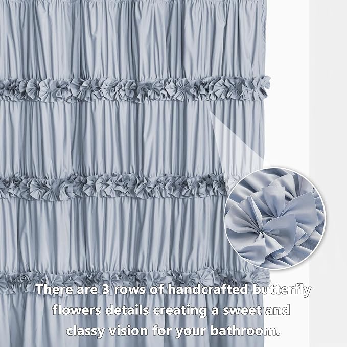 Fog Blue Ruffle Shower Curtain, Vintage Handcrafted Bow Tie Bath Curtain for Master Bathroom, Ruched Microfiber Bathroom Curtain with 12 Buttonholes, 72" W x 72" H (LQ-10)