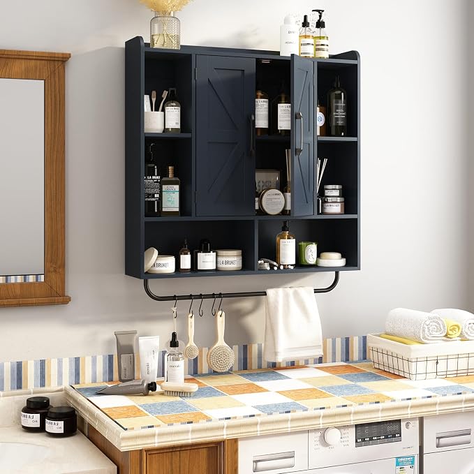RUSTOWN Rustic Bathroom Wall Storage Cabinet with 2 Barn Doors, Navy Blue | Farmhouse Medicine Cabinet, Wall Mounted, Space Saving, 3-Tier Adjustable Shelves, Towel Bar, 5 Hooks
