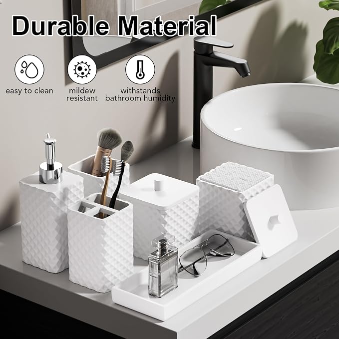Bathroom Accessories Set Resin 6PCS, Square Toothbrush Holders Set Complete with Soap Dispenser, Vanity Tray, Tumbler, Cups and Cotton Swab Jars (White Diamond, Resin Bath 6 PCS)