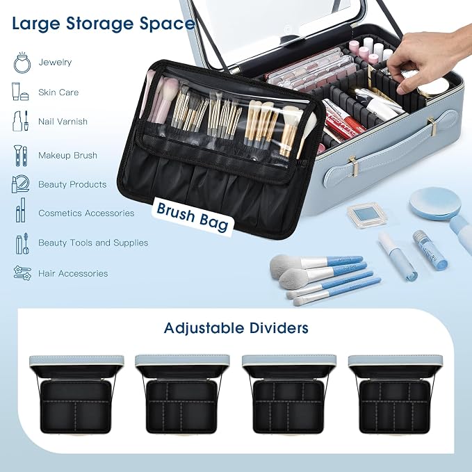 Faquenc Leather Makeup Case with LED Lighted Mirror 11.4 Inch Travel Makeup Bag Adjustable Brightness in 3 Colors Cosmetic Organizer Artist Storage Bag with Dividers Brush Holder Bag Vanity Blue
