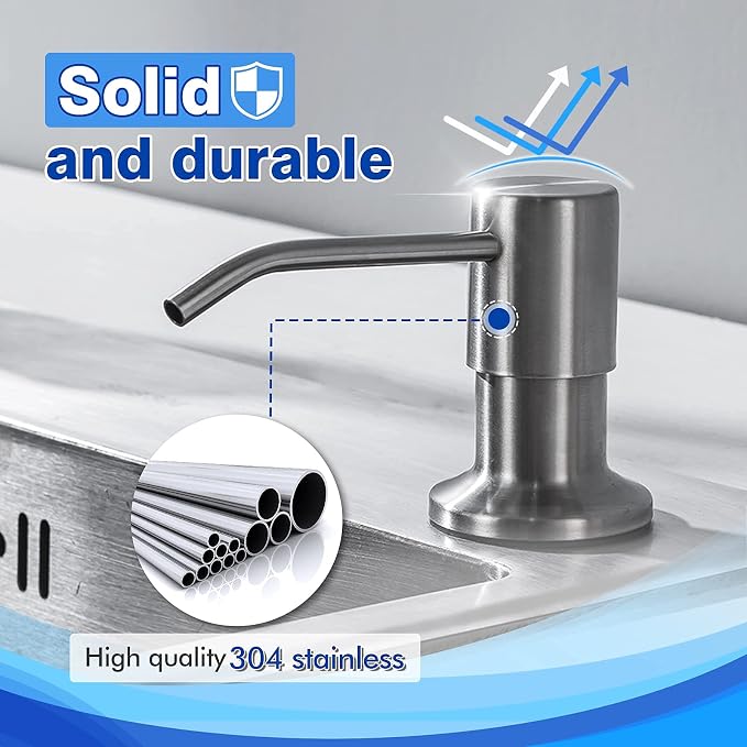 Built in Soap Dispenser for Kitchen Sink WEWE, Stainless Steel | Brushed Nickel in Counter soap Dispenser, Refill from The Top, 10oz Large Liquid Bottle