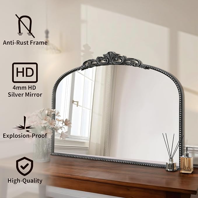 Micasso Vintage Black Arched Mirror: 32"x24" Baroque Antique Vanity Mirror | Traditional Ornate French Decorative Wall Mirror for Bedroom/Bathroom/Entryway/Hallway/Dresser/Mantel/Nightstand/Over Sink
