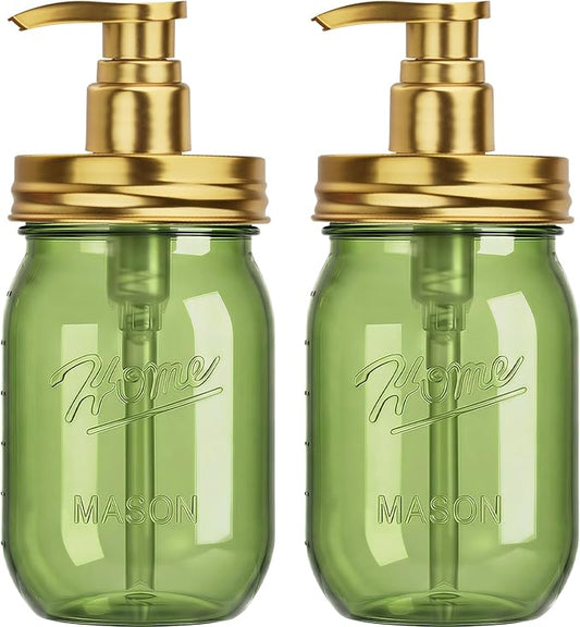 Amolliar Plastic Mason Jar Soap Dispenser with Pump Lid 16OZ -2 Pack Green | Refillable BPA-Free Hand Soap Dispenser Set with Cute Lables, Farmhouse Decor for Kitchen Bathroom Liquid Dish Soap Lotion