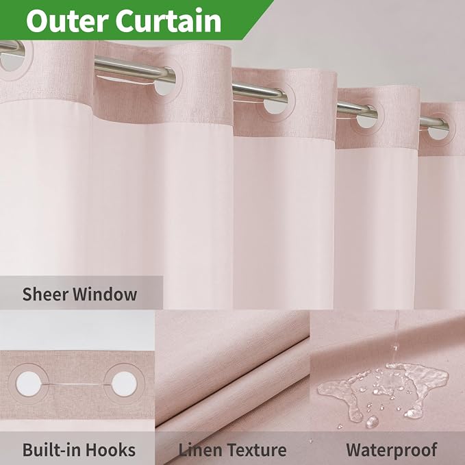 eachope No Hook Linen Texture Shower Curtain with Snap-in Liner,71x86 Blush | Extra Long,230GSM Thick Fabric,Hotel Luxury Decor,Mesh Top Window,Bottom Magnetic,Waterproof & Machine Washable,for Bathroom
