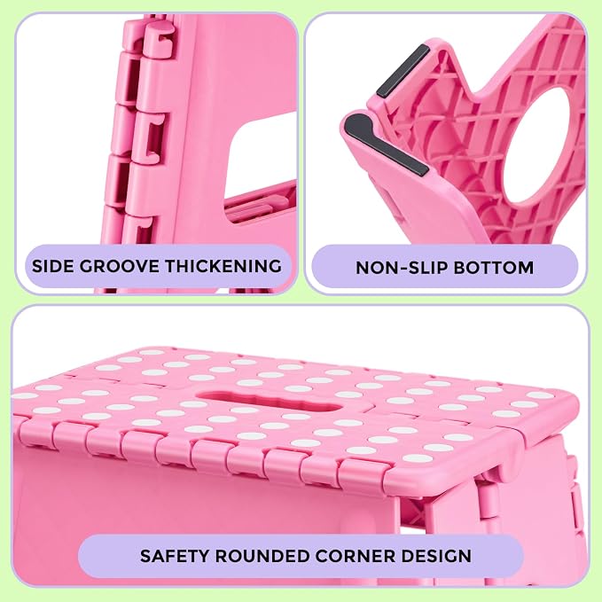 Dyforce Folding Step Stool 13 Inch,300lbs Foldable Stool for Adults & Kids | Stepping Stool Pink,Non-Slip Plastic Compact Foot Stool with Carry Handle,Lightweight for Bathroom Kitchen Bedroom Garden