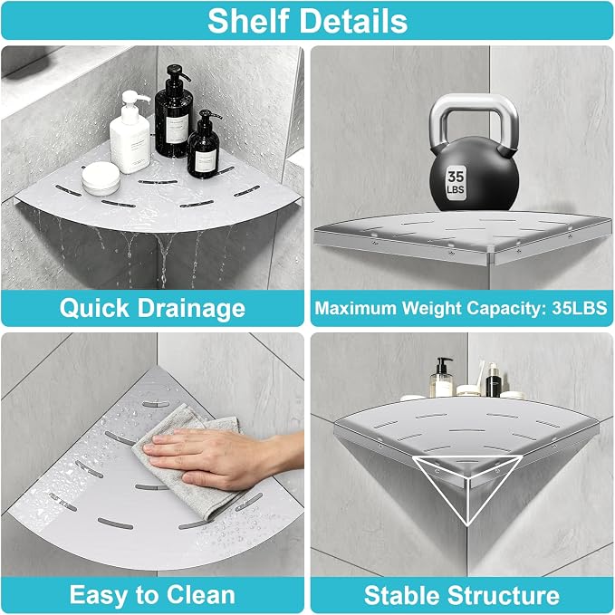 soaez Brushed Nickel Corner Shower Shelf, SUS304 Stainless Steel Bathroom Shower Shelves Prevent Rust Drilling Installation (8", 2Pack)