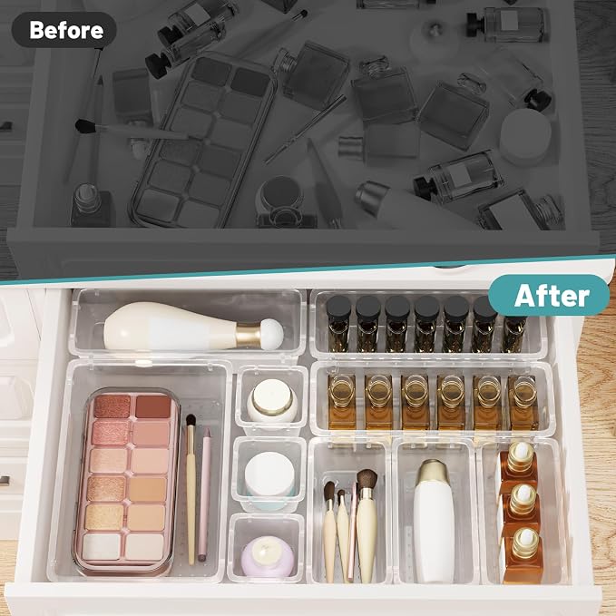 WOWBOX 16 PCS Clear Plastic Drawer Organizer Set, 4 Sizes Desk Drawer Organization and Storage Containers for Makeup, Cosmetics, Jewelry and Gadgets in Kitchen, Bathroom, Bedroom, Office, Clear