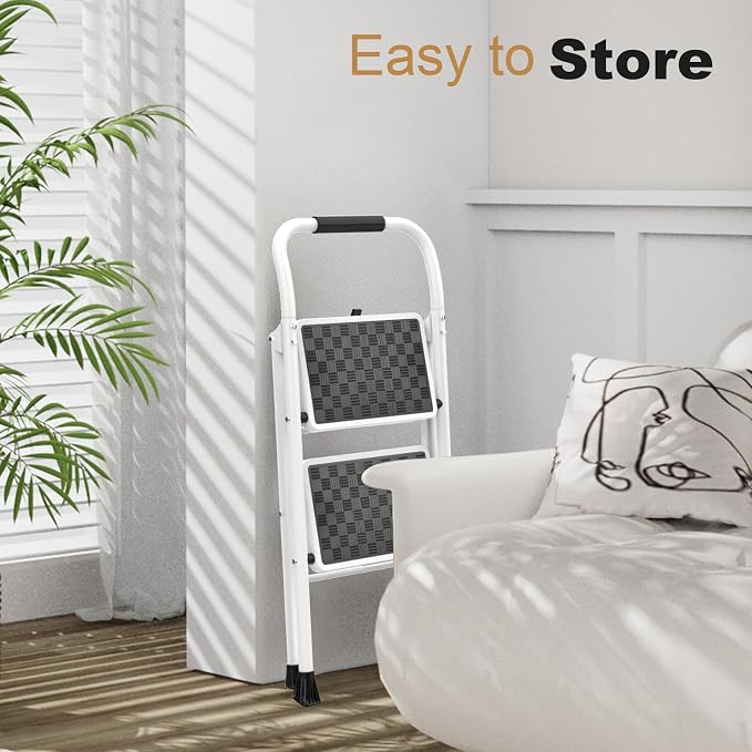 HBTower Step Ladder, Folding Step Stool with Wide Anti-Slip Pedal | Sturdy Steel Ladder, Convenient Handrail, Lightweight, Portable Steel Step Stool