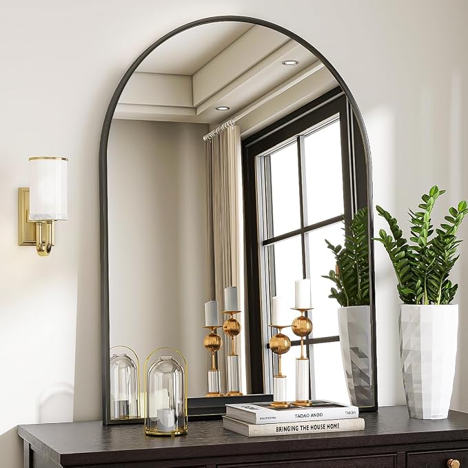 Arched Wall Mirror, 30 x 38 inch Arch Bathroom Mirror Black | Wall Mounted Bathroom Vanity Mirror with Arch Metal Frame, Modern Room Decor for Bedroom, Entryway, Hanging or Leaning