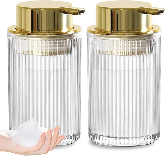 KASUNTING Foaming Soap Dispenser, 2 Pack Clear Glass Foam Hand Soap Dispenser for Bathroom & Kitchen, Refillable Foaming Pump Bottle with Gold Pump, Modern Ribbed Dish Soap Foam Dispenser with 4 Straw