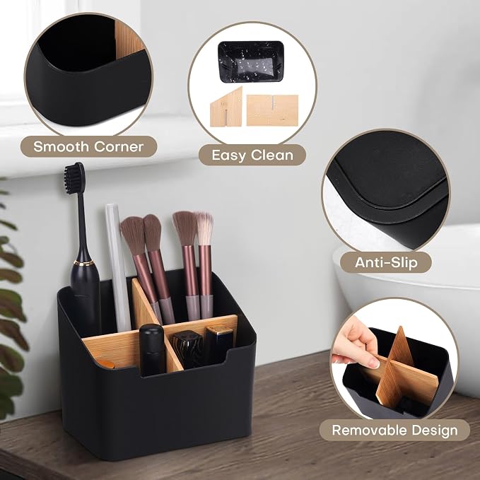 Ayswupt Toothbrush Holders for Bathrooms,Electric Toothbrush and Toothpaste Holder with Divider for Bathroom Countertop Organizer,Toothbrush Caddy for Kids Family Counter Vanity Storage Black