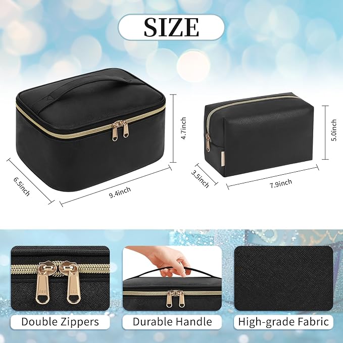 Makeup Bag Set, Portable Travel Makeup Bags Cosmetic Organizer Bag for Women Cute Floral Cosmetic Pouch Large Capacity Make up Bag PU Leather Toiletry Bags with Divider and Handle-Black
