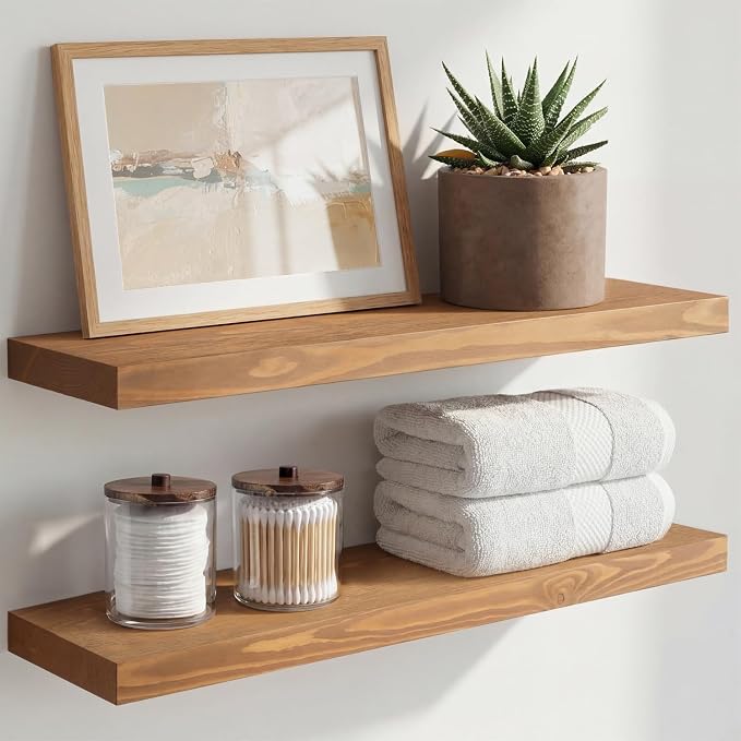 24 inch Golden Oak Floating Shelf, High End Solid Real Wood 24inch Small Floating Shelves for Wall Mounted, Oak Wooden 24in Floating Shelves, Heavy Duty Bracket, 24 X 6.5 X 1.75 in, Set of 2