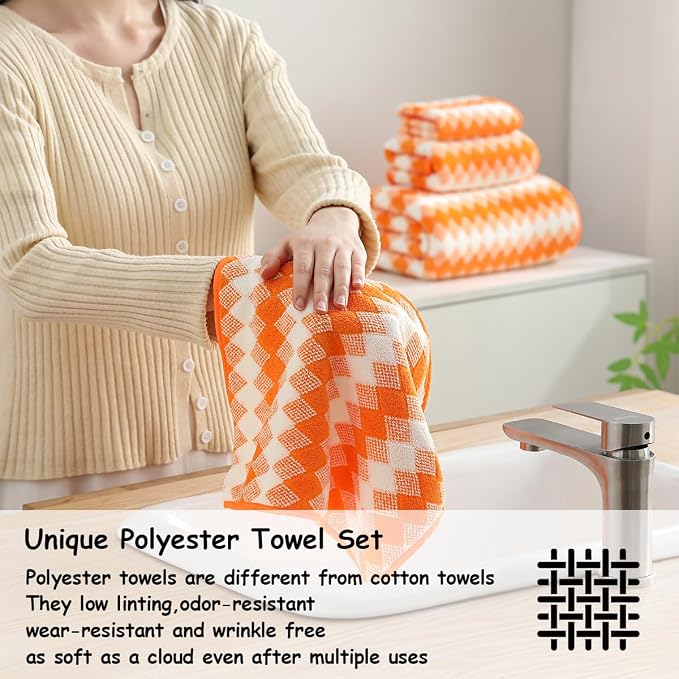 12 Pcs Orange White Diamond Towel Set-4 Bath Towels,4 Hand Towels,4 Washcloths Soft Polyester Towels with Loop Absorbent Shower Towel Quick Dry Beach Chair Towel Family Towels for Bathroom Gym Pool