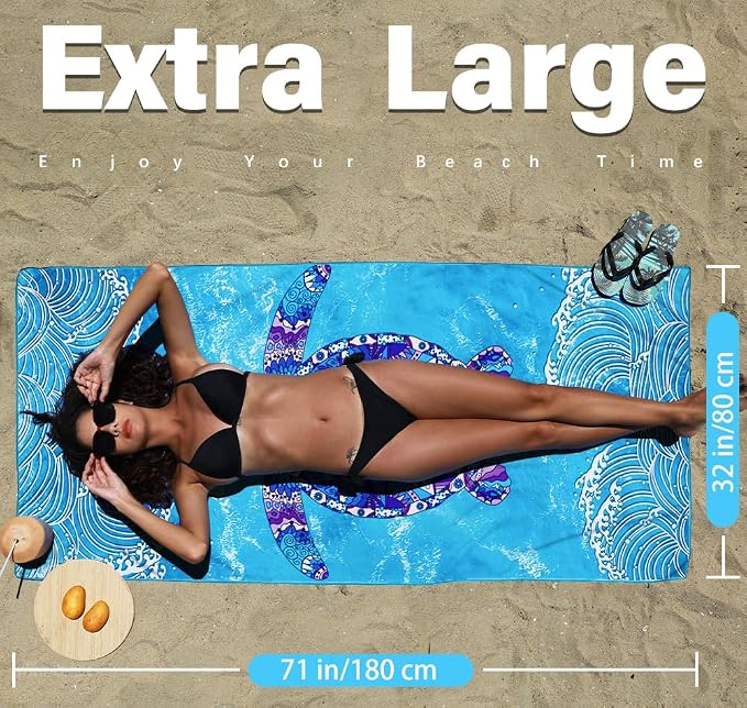 Widdonen Microfiber Beach Towel,Compact 2 Pack-71x32 Inch with Bag Travel | Extra Large,Lightweight,Thin,Sand Free,Quick Dry,Absorbent.Packable for Camping,Swim,Pool,Bath,Picnic,Cruise Essentials Gift