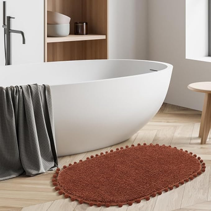 YIRDDEO Oval Rug for Bathroom, Cute Boho Bath Mat with Pom, Terracotta | Soft Plush, Absorbent, Quick Dry, Machine Washable, Non Slip Bath Mat for Bathroom Shower Floor Home Decor