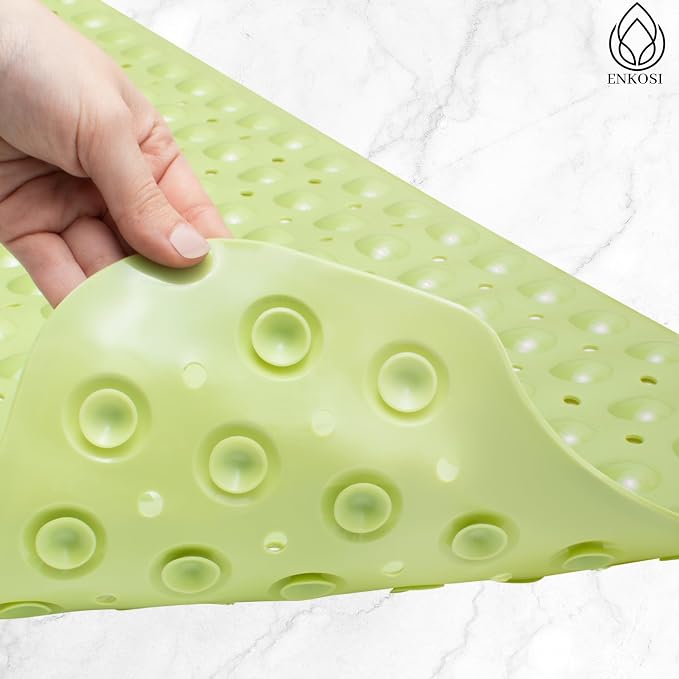 ENKOSI Non-Slip Bath & Shower Mat 40x16 Extra Long, Suction & Drain Holes | Green color; Durable PVC; 40x16 in, Green