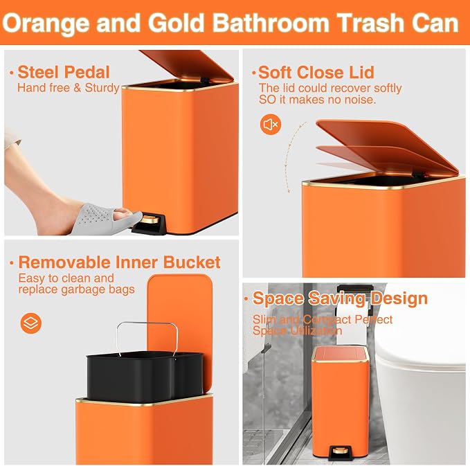XLHOMO 11PCS Bathroom Sets with Shower Curtain and Rugs Bathroom Accessories Set Orange Bathroom Set,Soap Dispenser & Toilet Brush Holder Set with Stainless Steel Trash Can