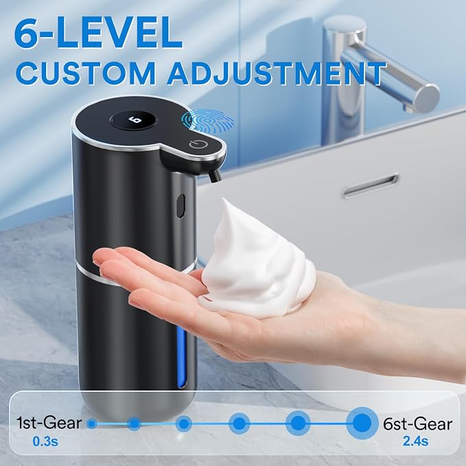 Automatic Foaming Soap Dispenser Touchless, Rechargeable Electric Hand ＆ Dish Soap Dispenser for Bathroom and Kitchen - Smart Digital Display, 6 Adjustable Level, 380ml, Wall Mounted, IPX5