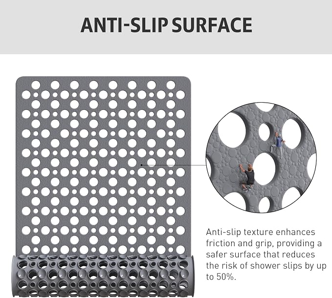 Shower Mat Non Slip Bath Mat for Tub - 35" x 16" Soft TPE Bathtub Mat Non Slip Shower Mats for Inside Shower, Anti Slip Shower Mat with Suction Cups, Quick-Drying Bath Tub Mat, Grey