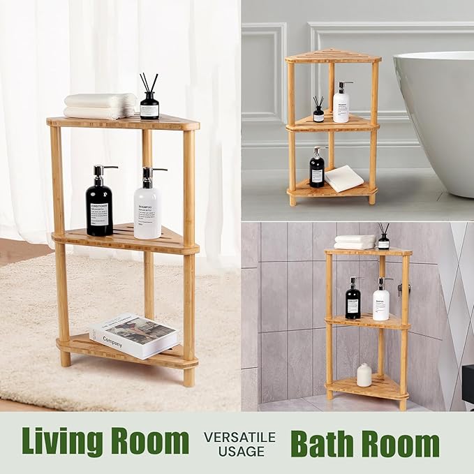 Corner Shelf Shower Caddy Stand 3-Tier,Standing Bathroom Organizer | Bamboo,Large Capacity Shower Storage,Space-Saving,Anti-Slip Feet,Waterproof,Easy to Assemble,Durable,Bath,Living Room,Kitchen