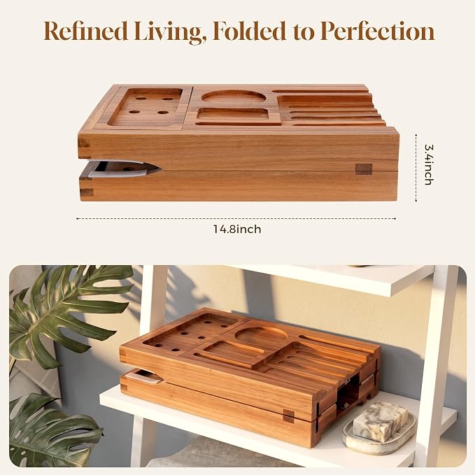 Bathtub Tray, Foldable & Extendable Acacia Wood Bath Caddy with Non-Slip Design, Space-Saving Adjustable Bathtub Shelf for Book, Wine, Tablet, Spa Gift for Women Men