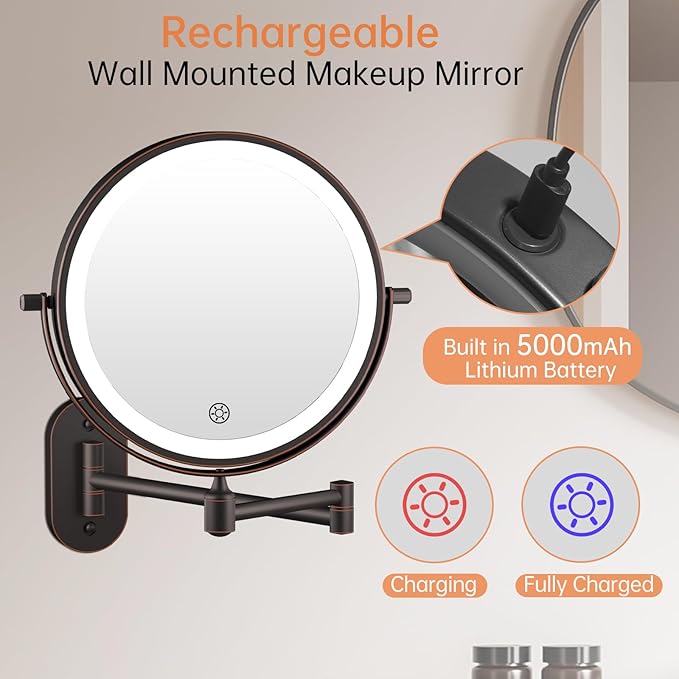5000mAh Rechargeable Wall Mounted Lighted Makeup Mirror Double Sided 1X30X | Magnifying Bathroom Mirror, 3 Color Lighting, Touch Dimming, Extended Arm 360 Rotation Light up Mirror Antique Bronze
