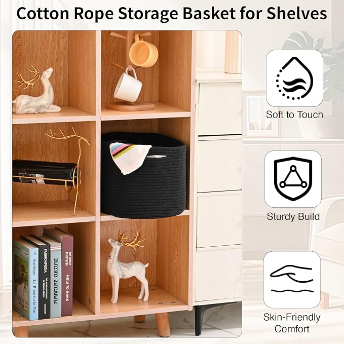 ICERZCZ Woven Cotton Rope Storage Basket for Organizing, Cute Decorative Baskets for Gifts Empty, Organizer Bins for Dog Toy, Baby Laundry, 15“×11”×9.5“, Black