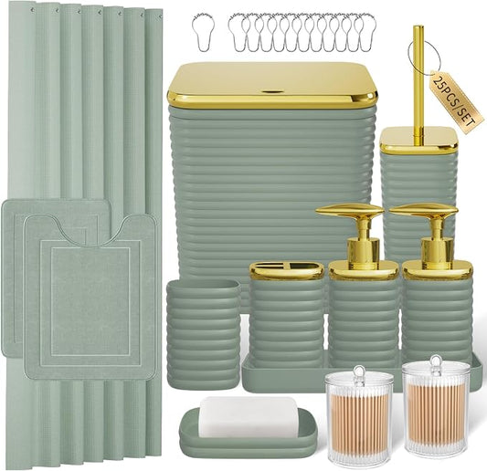 Bathroom Set - 25PC Bathroom Sets with Shower Curtain and Rugs, Sage Green Bathroom Set, Bathroom Accessory Set, Luxury Bathroom Accessories Set, Trash Can, Toilet Brush & Soap Dispenser