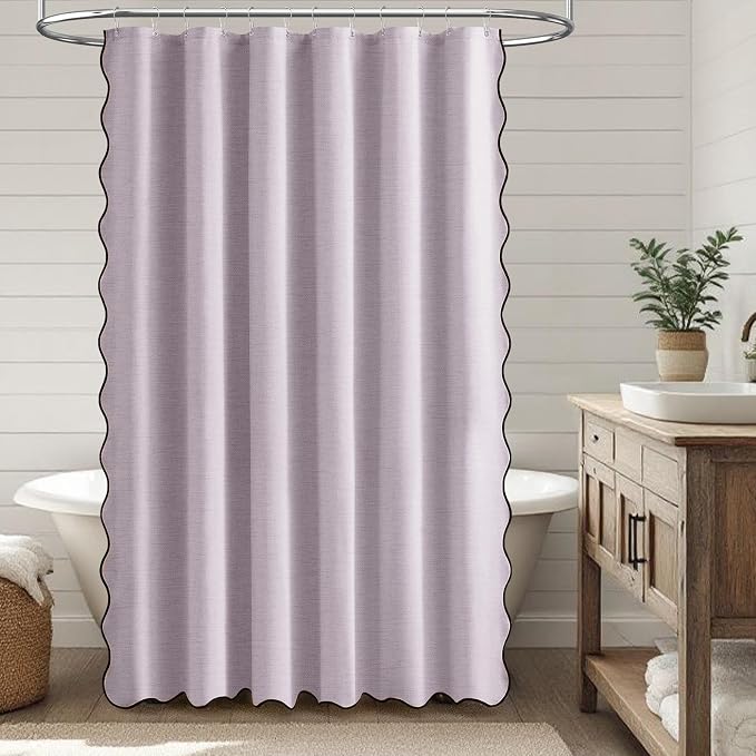 72x90 Boho Scalloped Linen Textured Cloth Shower Curtain Set, Lavender | Long Size, 230GSM Waterproof Polyester, Heavy Duty Fabric, 12 Plastic Hooks, Elegant Modern Farmhouse Style, Machine Washable