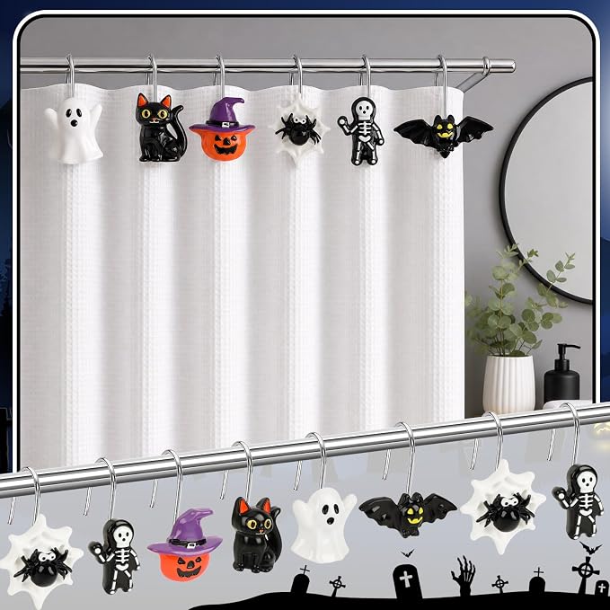 Halloween Shower Curtain Hooks 12 Pcs Ghost Pumpkin Decor Set | Resin Metal Standard Size, Smooth Gliding Rustproof, Bat Skull Spider Cat Designs, Bathroom Festive Home Accents