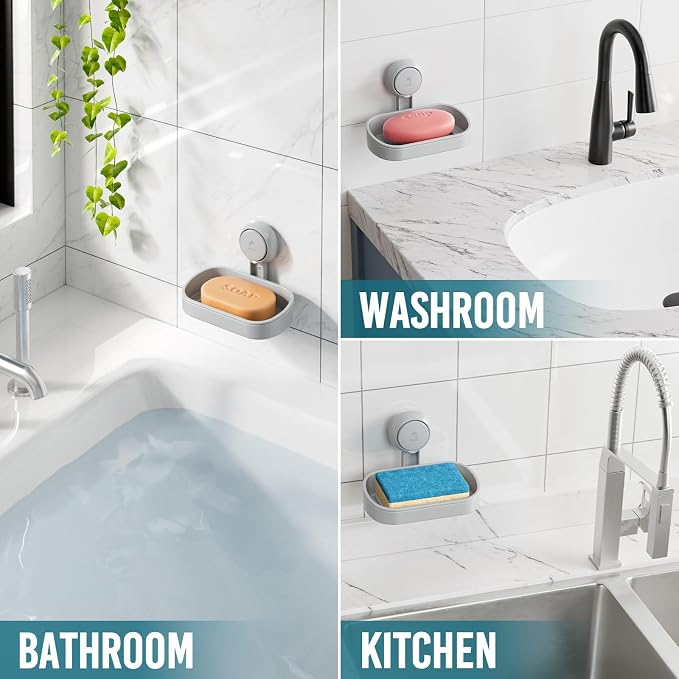 TAILI Soap Holder, Soap Dish for Shower Suction Cup, Bar Soap Holder, Grey | Removable Soap Holder Shower, Soap Tray for Shower Wall, Drill Free Sponge Holder, Bathroom & Kitchen, No drill