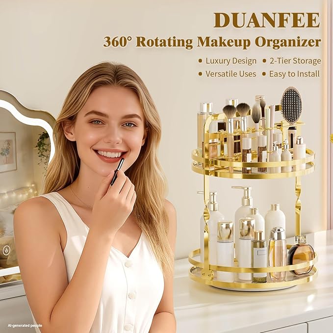 360°Rotating Makeup Organizer, Gold Bathroom Organizer Countertop | 2-Tier Bathroom Organizer Countertop, Lazy Susan Spinning Perfume Stand Vanity Tray Skincare Storage with Makeup Brush Holder