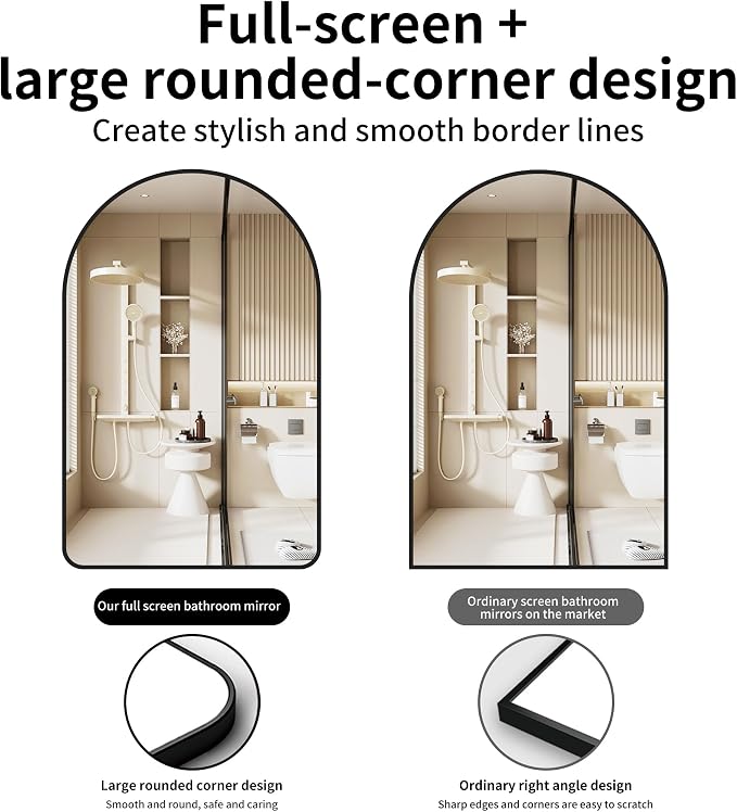 Arched Bathroom Mirror 24"x36", Black, Tempered Glass | arch bathroom mirror black wall mounted vanity tempered glass metal frame bedroom entryway living room