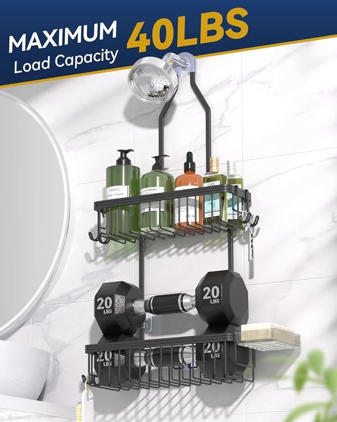 Never Rust Shower Caddy Hanging, Aluminum Shower Racks for Inside Shower, 2-Tier Shower Organizer Hanging Over Shower Head with Hooks and Soap Holder, Black