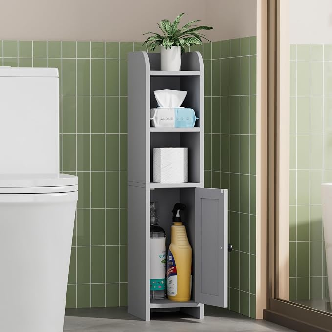 Homhedy Small Bathroom Storage Cabinet, Narrow Toilet Paper Cabinet | Corner Floor Cabinet with Door and Shelves, Slim Bathroom Cabinet for Small Spaces, 7.9" D x 7.1" W x 31" H, Gray