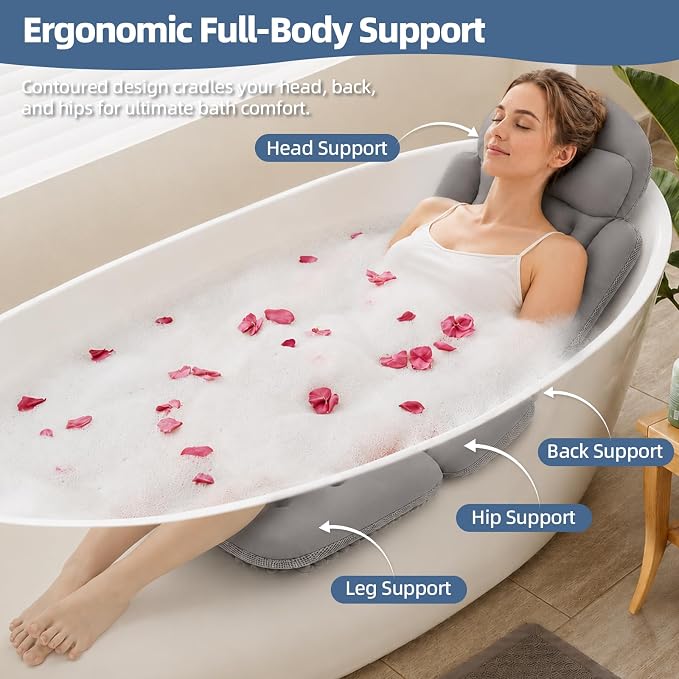 Full Body Bath Pillow for Tub, Ergonomic Head Neck Back Support, 192 Non-Slip Suction Cups, Thick Cushion with Laundry Bag, Fits Most Bathtub, 56"x16" Grey