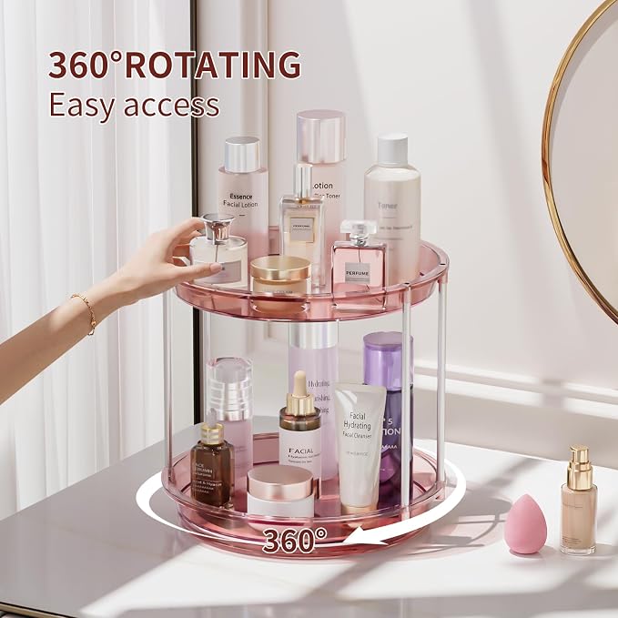 Rotating Makeup Organizer, Perfume Skincare Holder, 2 Tier 9 Inch, Pink | 360° Smooth Spinning Vanity Tray, Large Capacity, Space-Saving Cosmetics Storage for Bathroom Countertop, Dresser