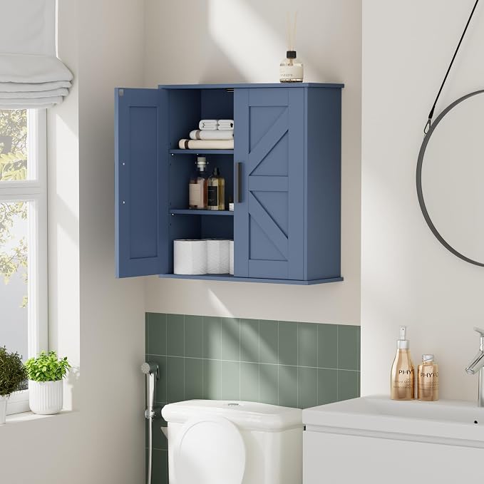Homleke Bathroom Wall Cabinet, Medicine Cabinet with Adjustable Shelves | 3-Tier Wall Mounted Over Toilet Storage with Barn Doors, for Bathroom, Kitchen, Entryway, Laundry Room, Blue, (7.9" D)