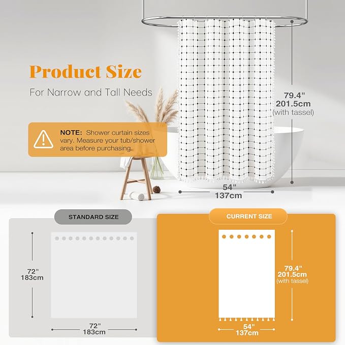 54x78 Boho Farmhouse Linen Heavy Duty Shower Curtain, White and Black | Narrow Long Size, 330GSM Linen Blend, 3-side Tassels, Waterproof Fabric, 10 Plastic Hooks, Rustic Bohemian, Machine Washable