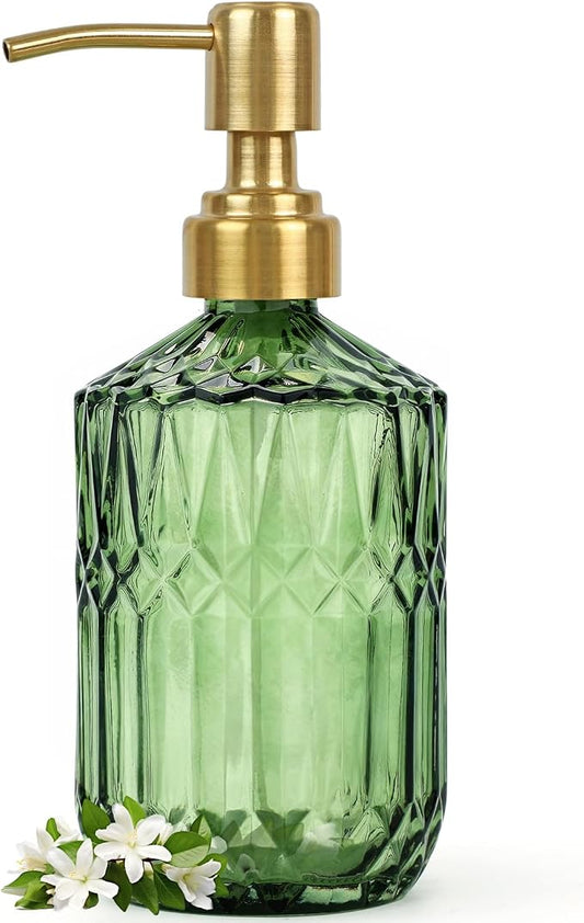 Green Glass Soap Dispenser (15.4 Oz, 1 Pack), Dish Soap Dispenser with Golden Rust Proof Pump for Kitchen Sink, Refillable Bathroom Hand Soap Lotion Dispenser