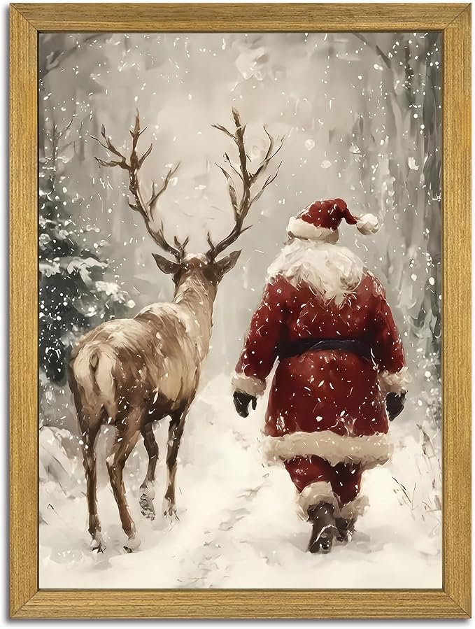 Wood Framed Vintage Christmas Wall Art, Santa Claus Reindeer Canvas Wall Decor Painting, Rustic Winter Painting Artwork Poster Print Picture for Living Room Bedroom Home 12x16 Inch