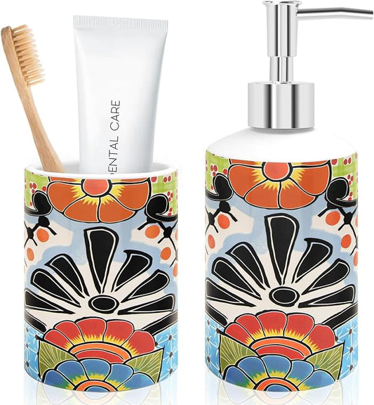FYSUIMU Mexican Talavera Bathroom Accessories Vintage Floral Farmhouse Ceramic Soap Dispenser and Toothbrush Holder Cup for Cinco De Mayo Bathroom Countertop Decor