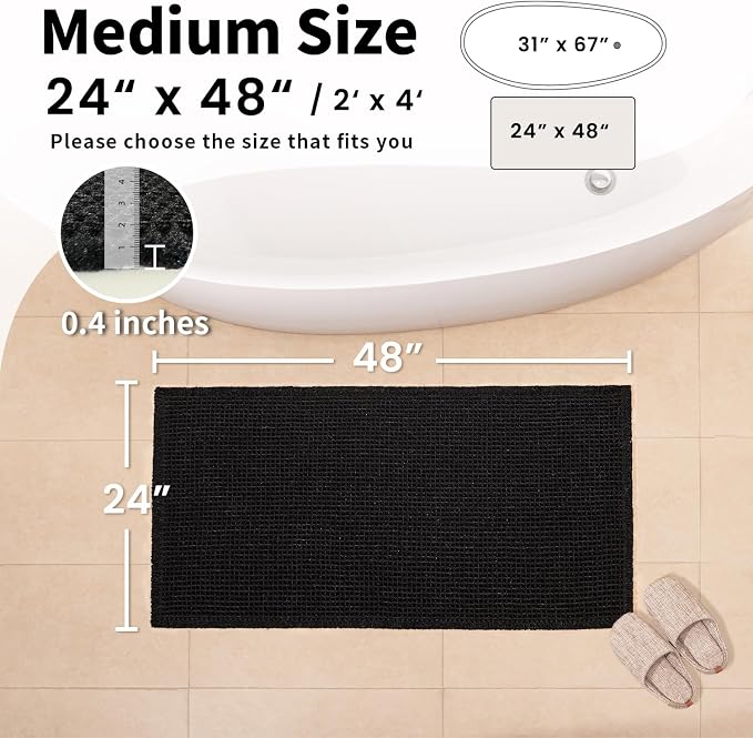 Black Bathroom Rug, Waffle Bath Mat Non Slip Washable, 24" x 48" | Super Absorbent Quick Dry Bath Mat, Boho Bathroom Mats, Soft Waffle Weave Farmhouse Bathroom Decor for Shower or Tub
