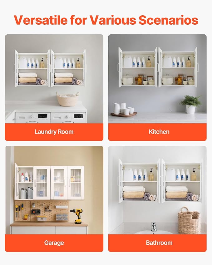 VEVOR Laundry Room Wall Cabinet, 2-Tier Wall Mounted Cabinet with Adjustable Shelf, Cupboard Storage with 4 Doors, for Kitchen, Bathroom, Laundry, Set of 2, Each 12 x 24 x 24 in (D x W x H), White