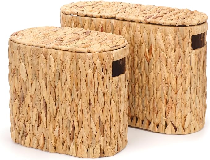 2 Pcs Toilet Paper Basket with Double Lids Handles for 6 Mega Rolls | Water Hyacinth Wicker Paper Storage Holder Bathroom Organizer Rattan Basket Accessory