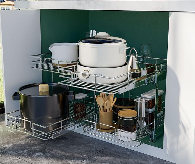 LOVMOR 2 Tier Individual Pull Out Cabinet Organizer 14" W x 18" D, Slide Out Kitchen Cabinet Storage Sliding Shelves